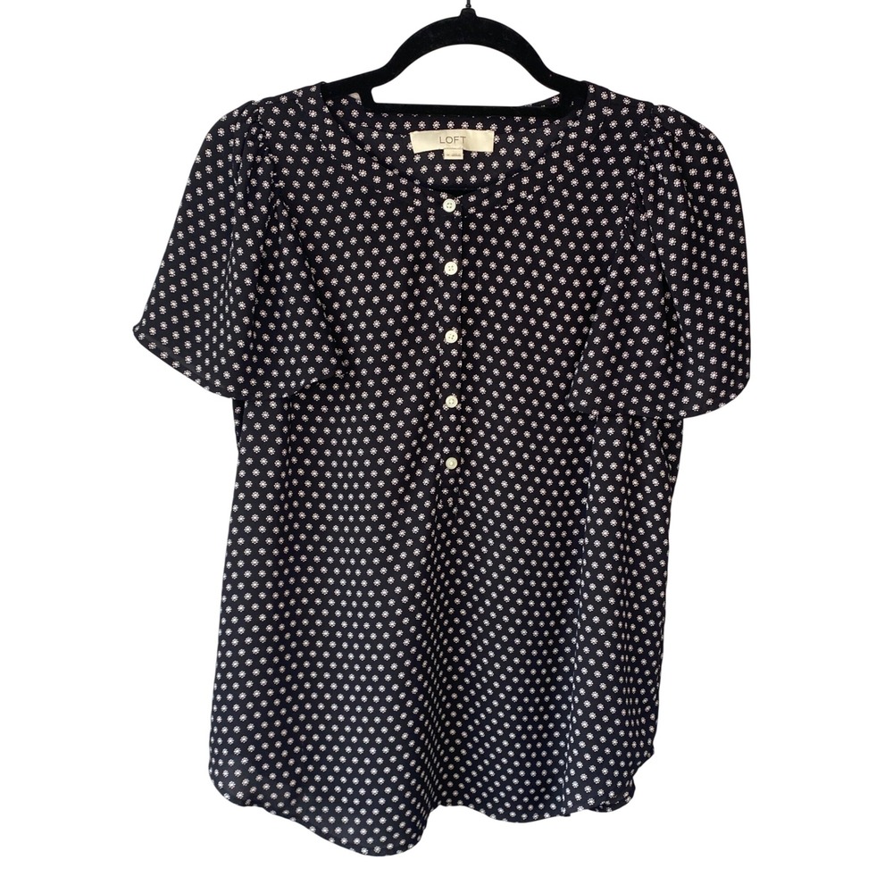 LOFT Womens Black Floral‎ Medallion Flutter Sleeve Button Front Blouse Size M